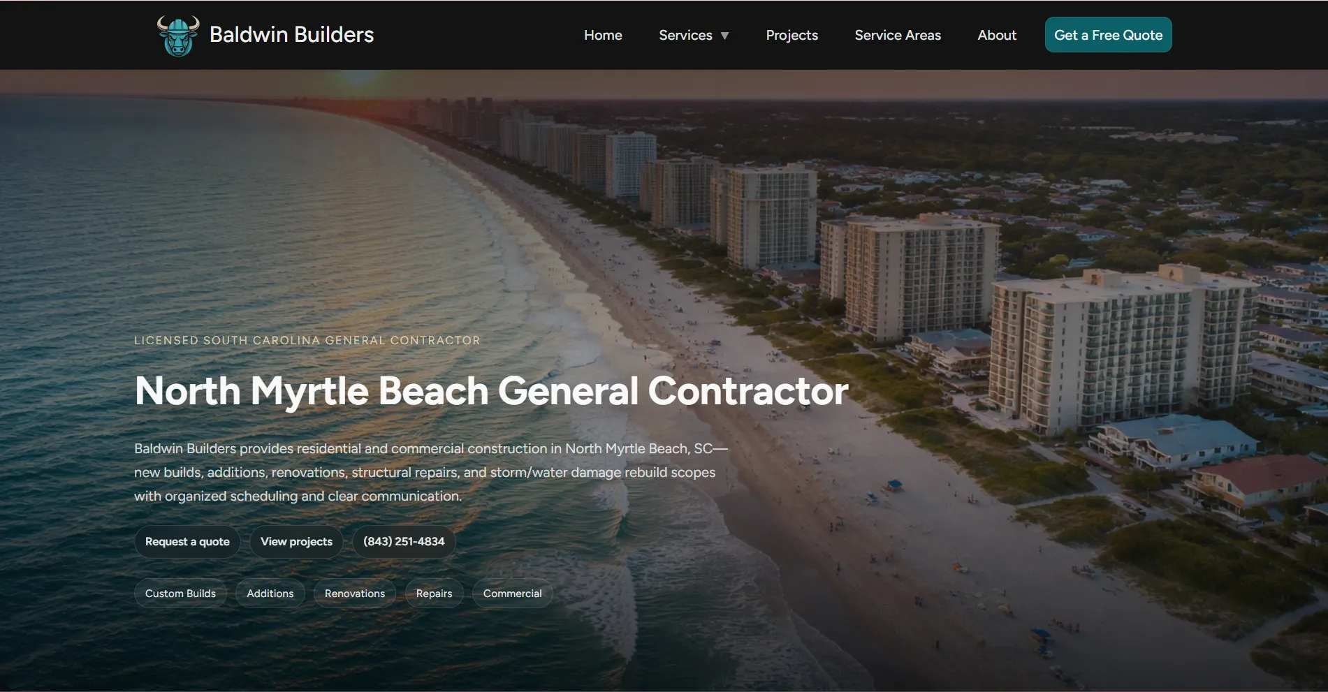 Baldwin Builders North Myrtle Beach location page &mdash; the kind of local-targeted page that reinforces a Google Business Profile in the map pack
