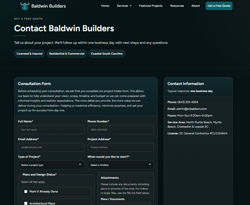 Rebuilt Baldwin Builders contact page with structured intake form, project-type selector, and sidebar showing phone, email and hours.
