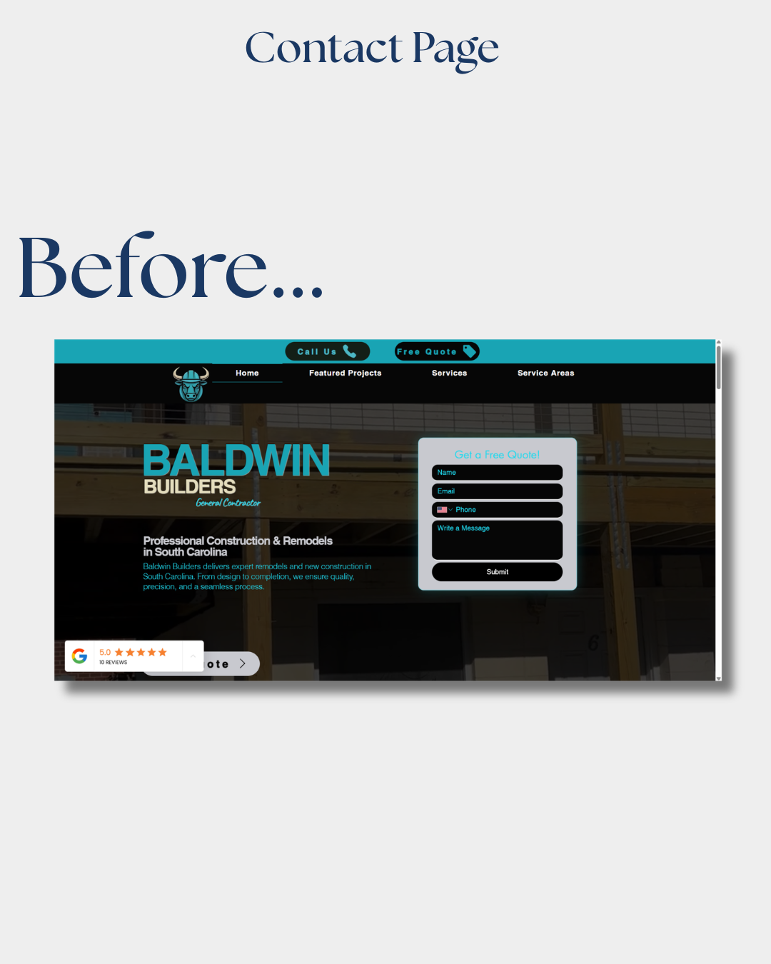 Old contact page reusing the homepage hero with a short generic form.