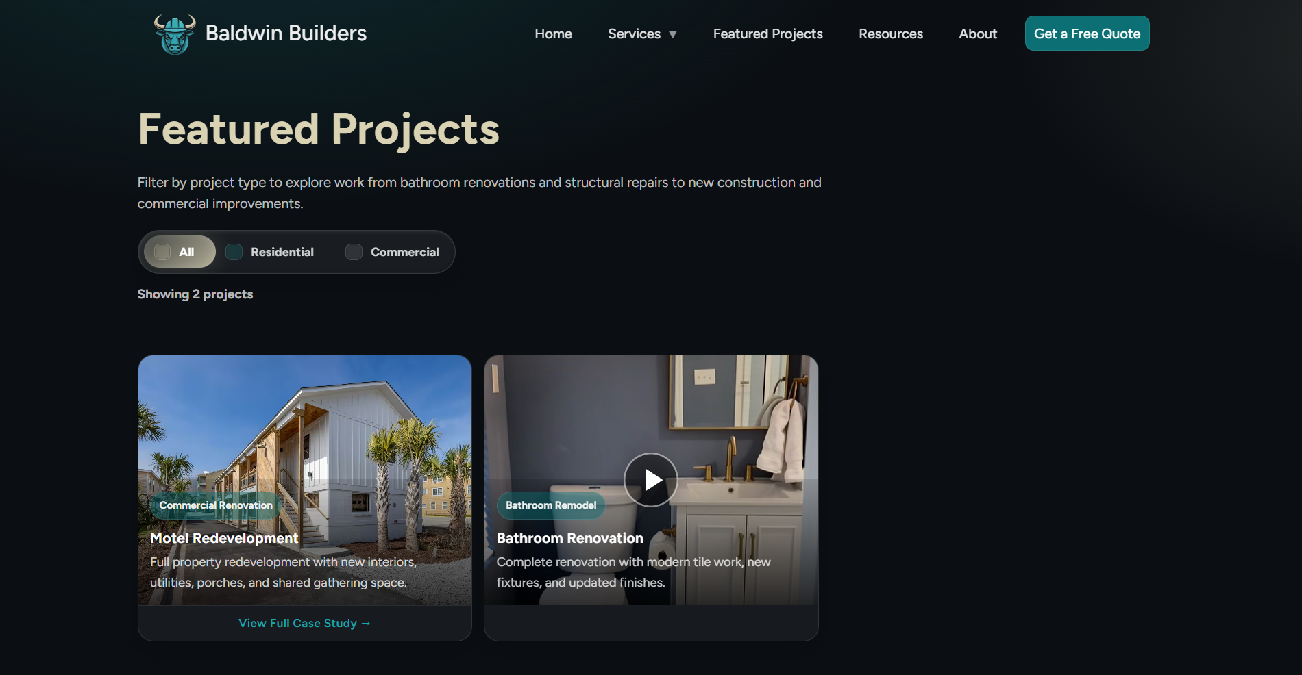 Rebuilt project gallery with full-bleed project cards, category tags, and a clean filtered layout.