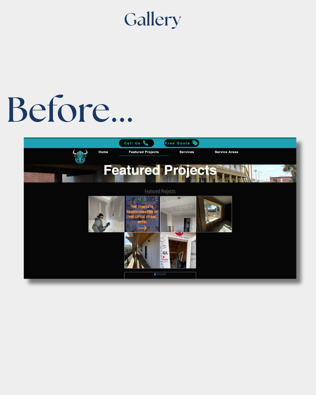 Old project gallery with small unorganized thumbnails and no filtering.