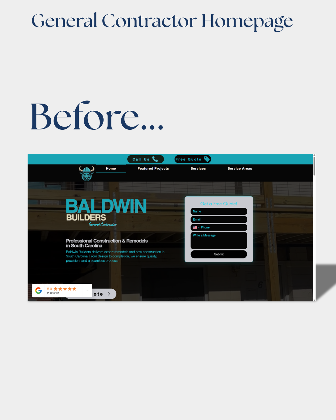 Old Baldwin Builders Wix homepage with a generic templated layout and a stock quote form.