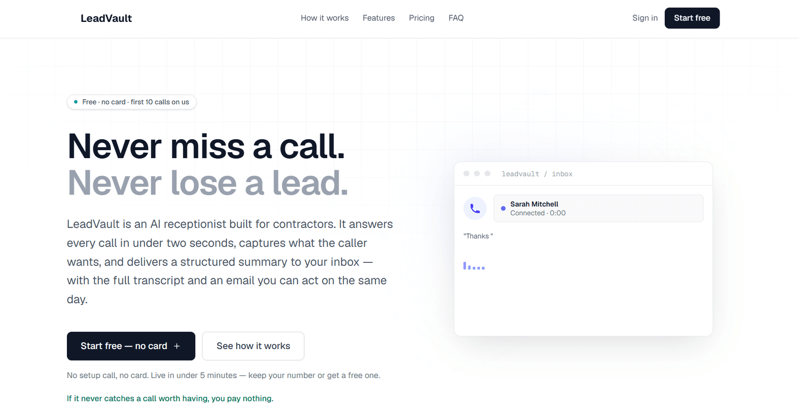 LeadVault — Baldwin Digital's AI receptionist product interface