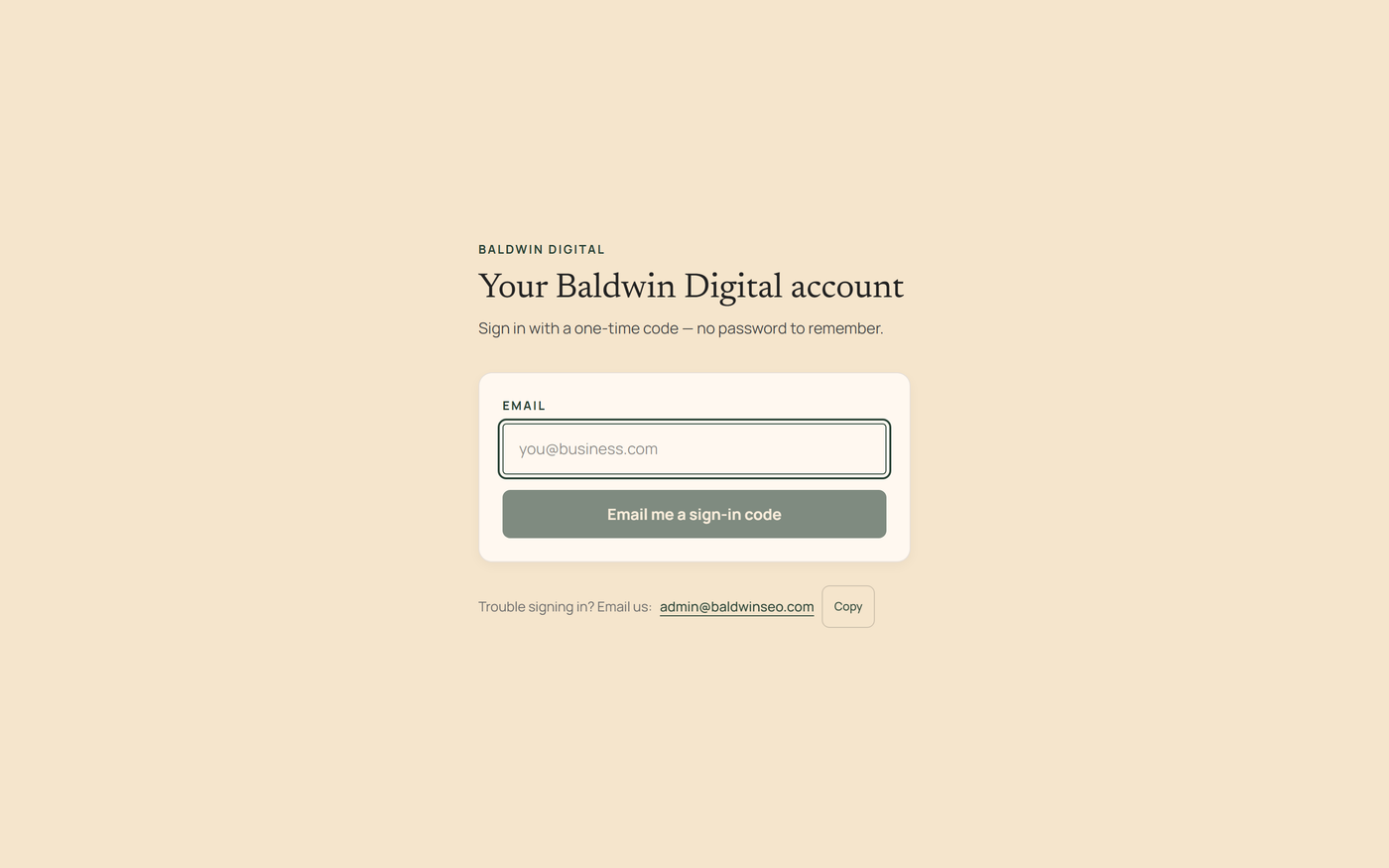 The Baldwin Digital client portal sign-in screen, using a one-time code instead of a password