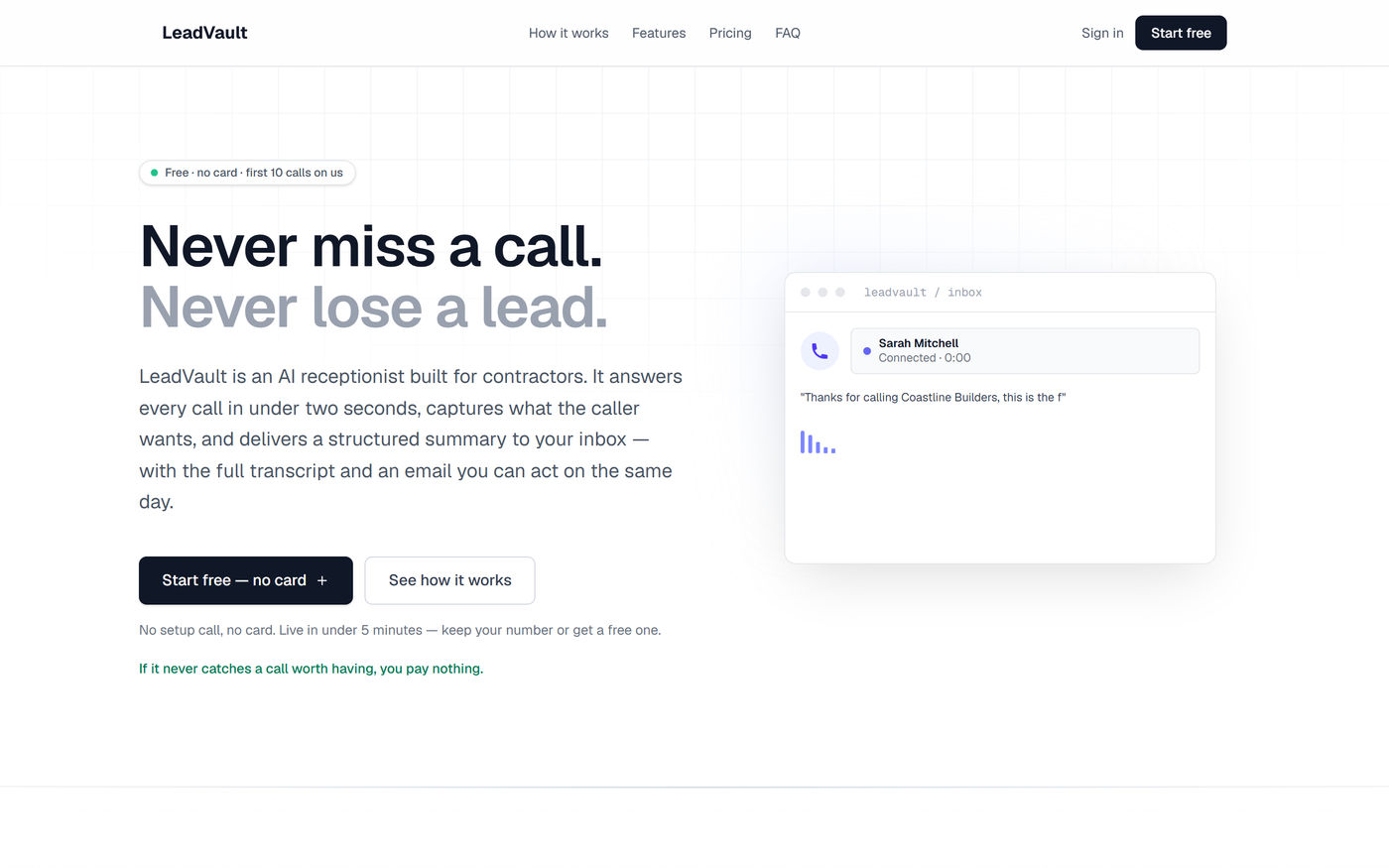 LeadVault, an AI phone receptionist for contractors, showing a call being answered and transcribed into the inbox